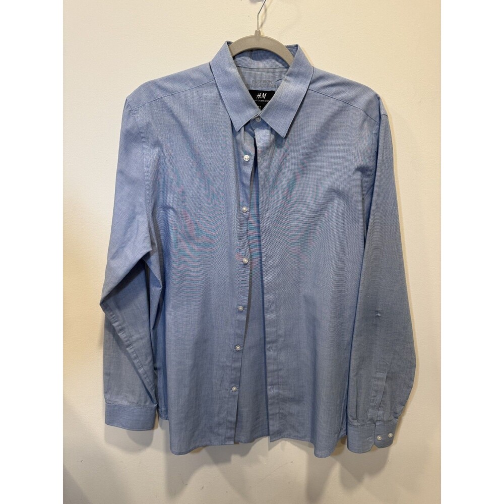 H&M Mens Medium Blue Dress Shirt Long Sleeve Slim Fit Easy Iron Business Casual
